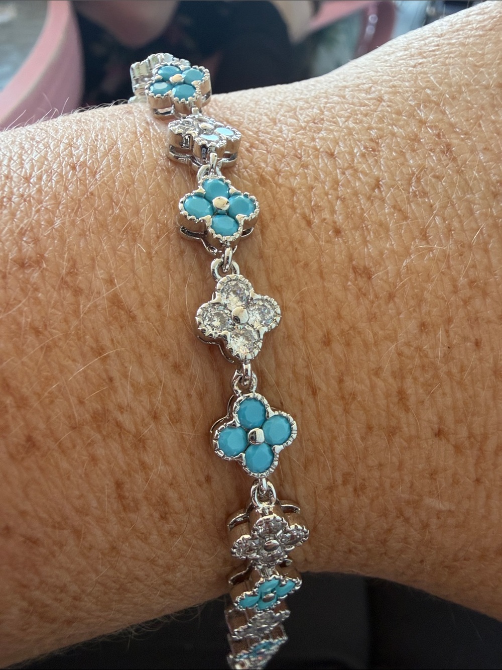 Sterling Silver Blue Flower Link Bracelet